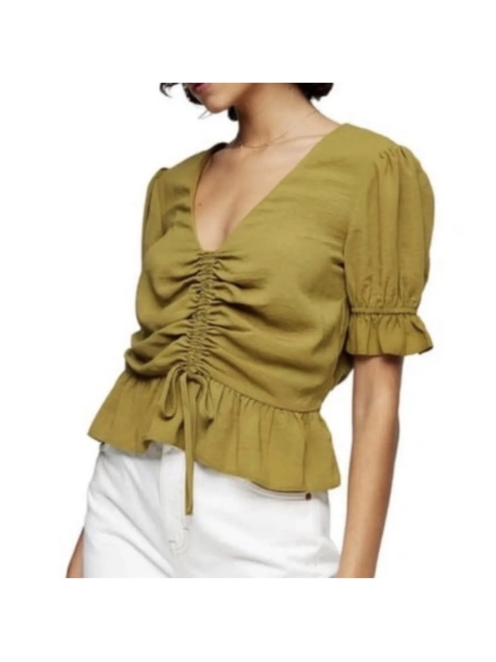 Topshop Olive Drawstring Ruched V-Neck Peplum Blouse